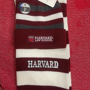 Harvard Law School Striped Beanie and Scarf Set - Maroon and White